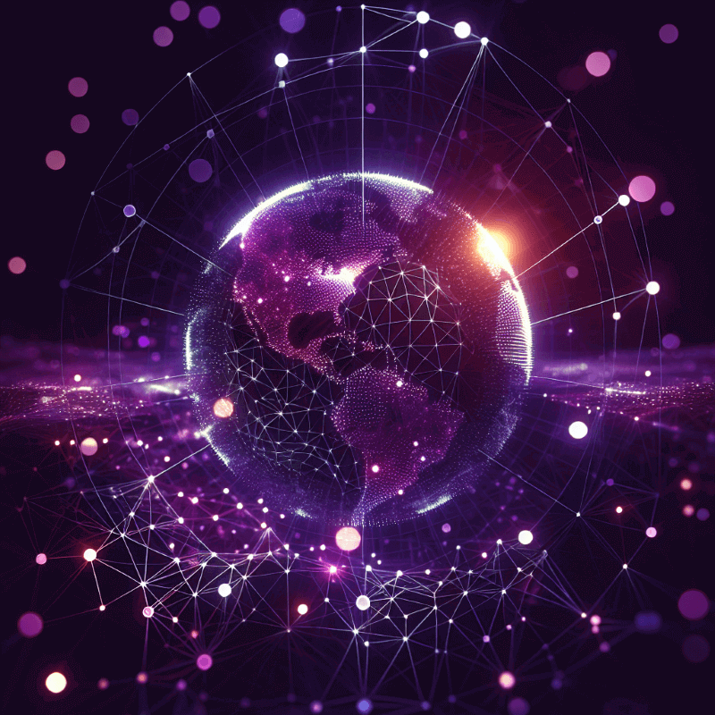 A glowing purple globe with digital networks, representing global collaboration, leadership, and connected systems.