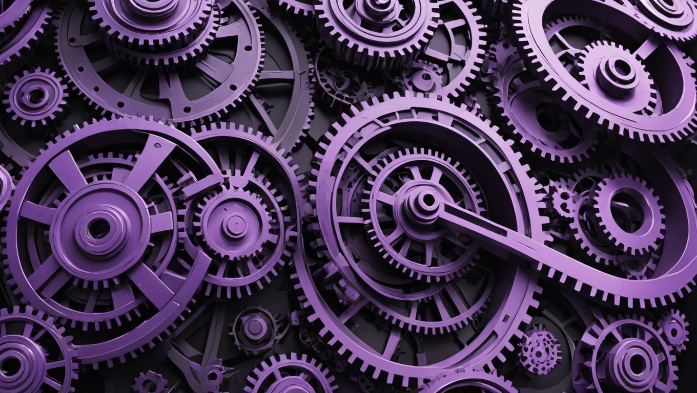 Detailed assembly of purple gears representing scalable systems and streamlined processes.