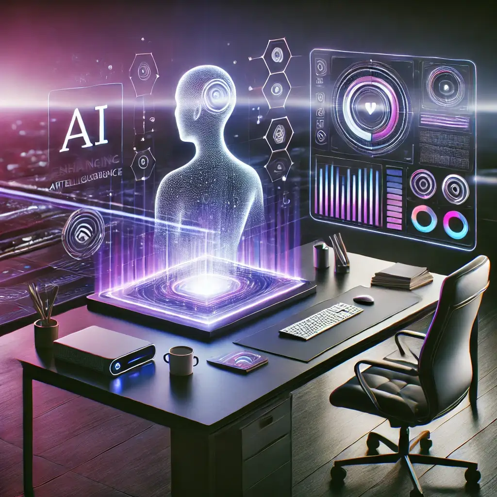 Futuristic workspace with AI-driven automation, highlighting innovation, efficiency, and the future of work.