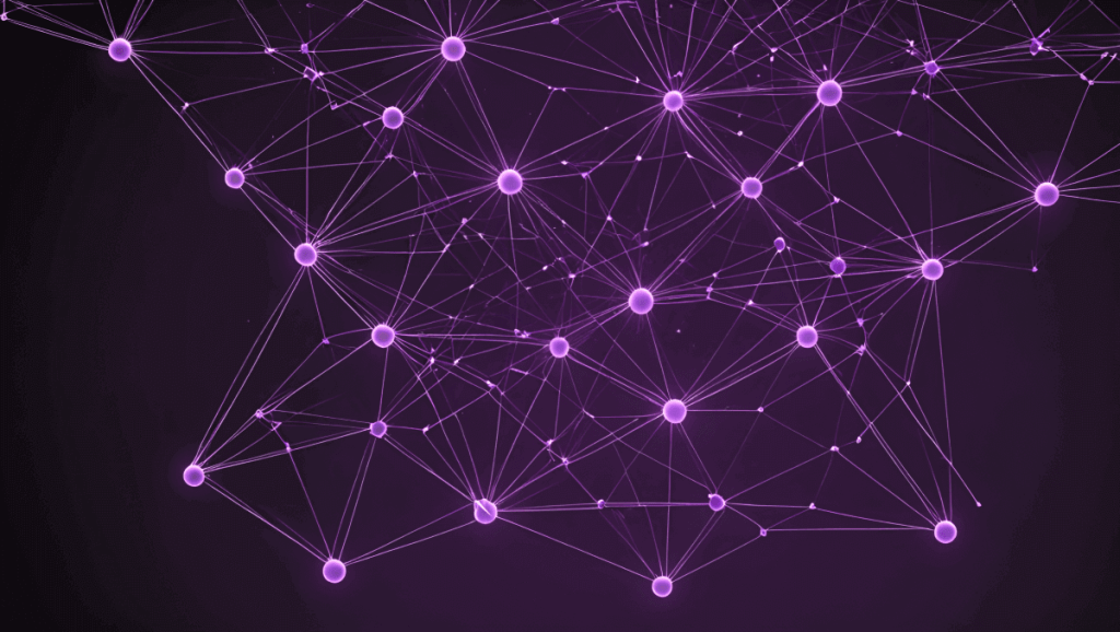 A glowing purple network of interconnected nodes on a dark background, symbolizing collaboration, diversity, and structured growth in remote teams.