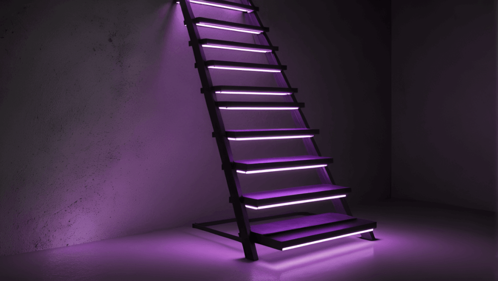 A set of illuminated stairs, representing growth, progression, and success in academic guidance and consulting.