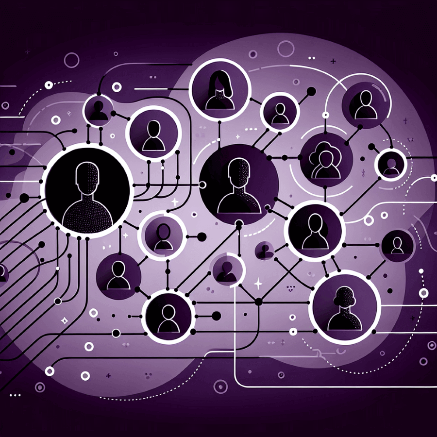 A connected network of people represented with circular nodes on a purple background, symbolizing teamwork and collaboration.