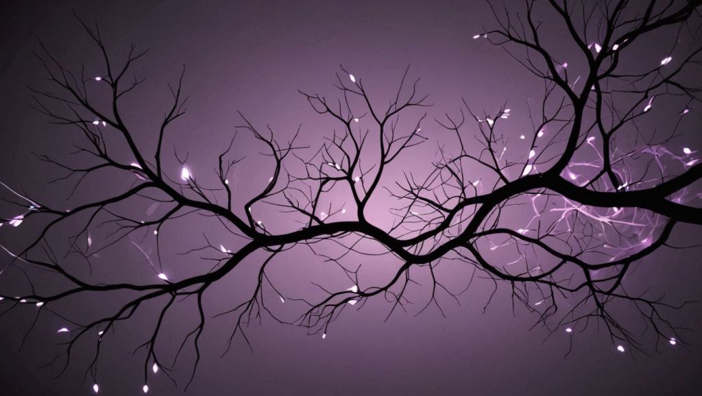 A glowing purple tree branch with delicate lights, symbolizing growth, collaboration, and interconnected efforts.
