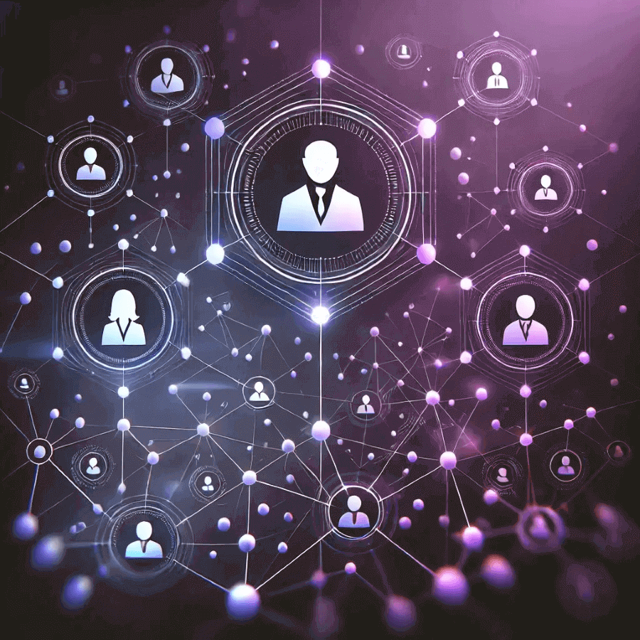 An abstract image featuring interconnected nodes and glowing lines in shades of purple, symbolizing leadership, collaboration, and scalable systems, set against a gradient black-to-purple background.