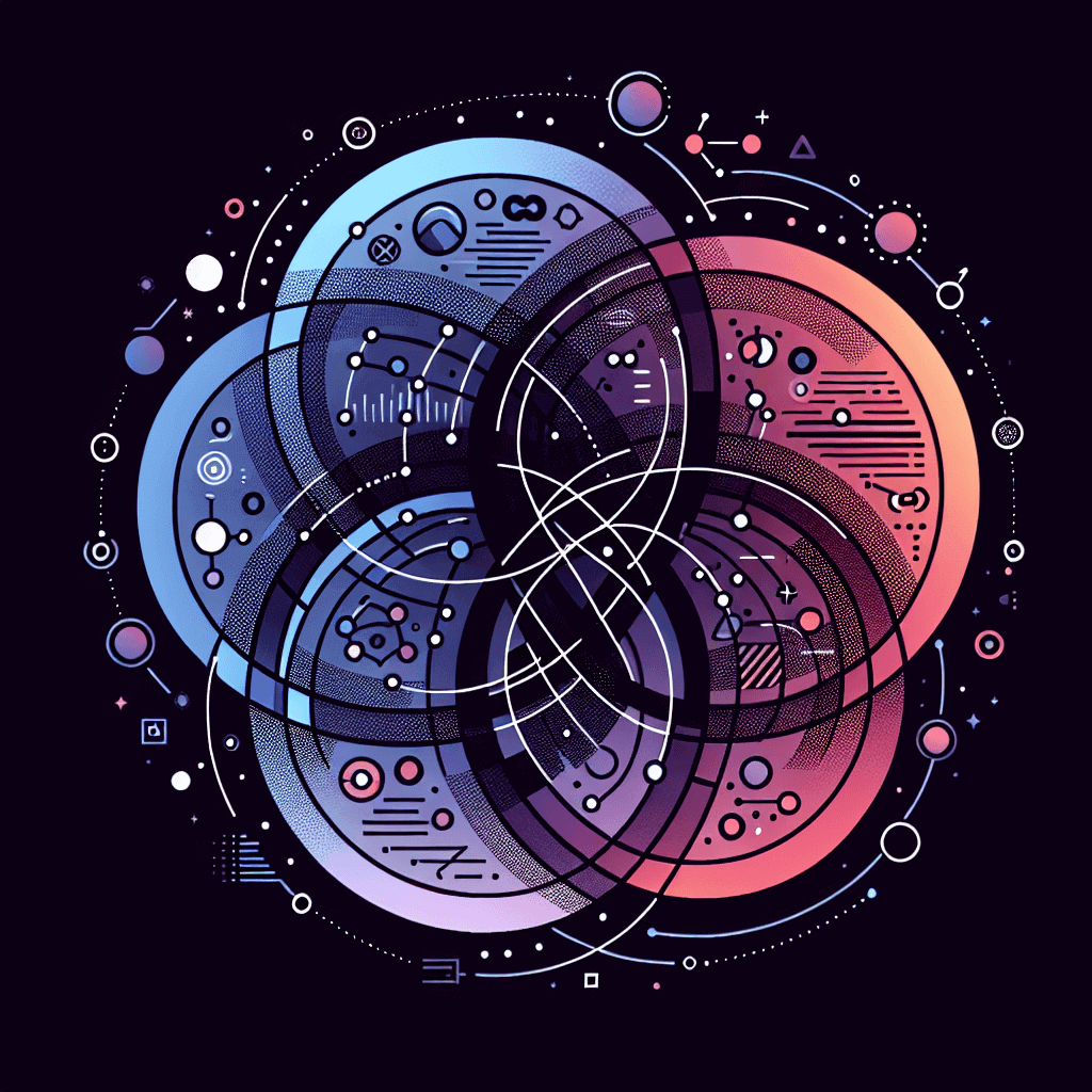 An abstract circular diagram in purple hues, symbolizing the integration of workflows and client-focused strategies in content delivery.