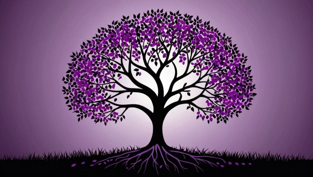 A symmetrical tree with purple leaves and roots, symbolizing balance, prioritization, and growth.