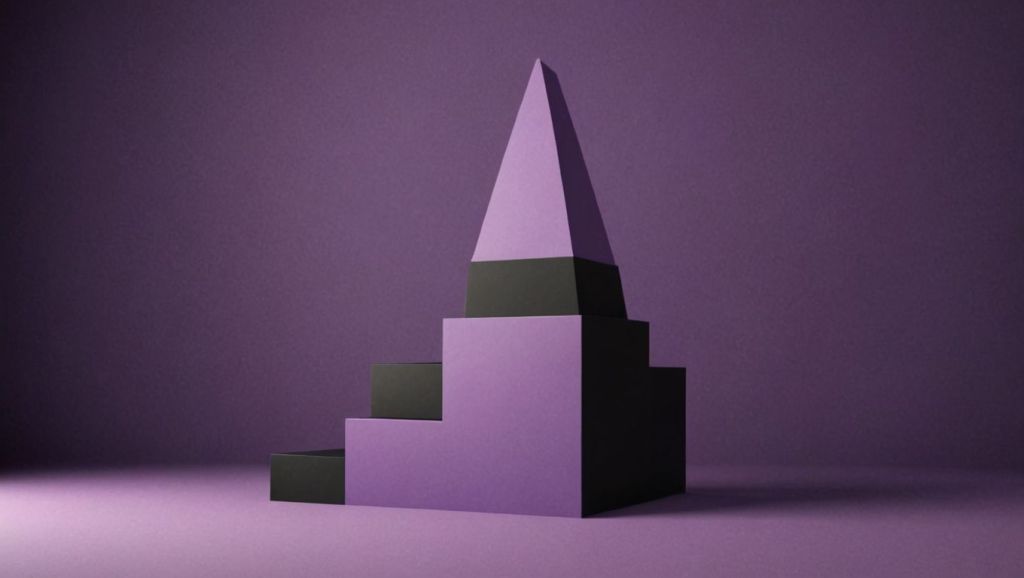 A geometric pyramid structure with shades of purple, symbolizing growth, collaboration, and leadership.