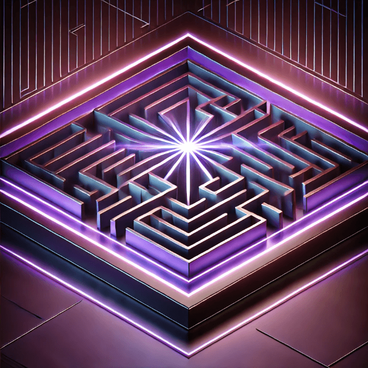 A sleek, futuristic maze with a glowing pathway, symbolizing leadership, problem-solving, and structured decision-making.