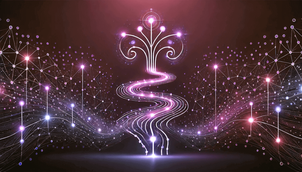 Abstract visualization of lifelong learning, showing interconnected glowing nodes representing knowledge and growth in deep purple and black.