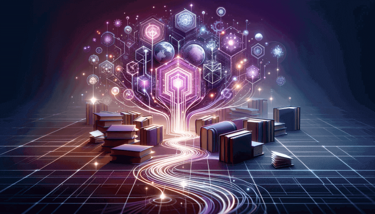 An abstract representation of learning and exploration, with interconnected books and glowing pathways symbolizing curiosity, knowledge, and growth.