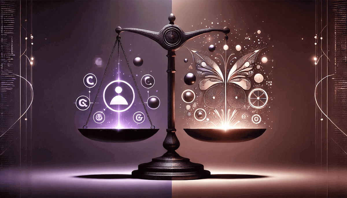 A balanced scale symbolizing leadership decisions, with one side representing coaching and growth and the other side symbolizing letting go, in deep purples and black.