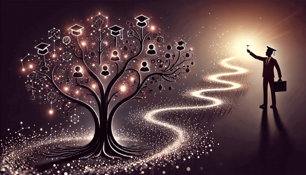 Symbolic representation of knowledge and continuous learning, with a tree that grows through knowledge.