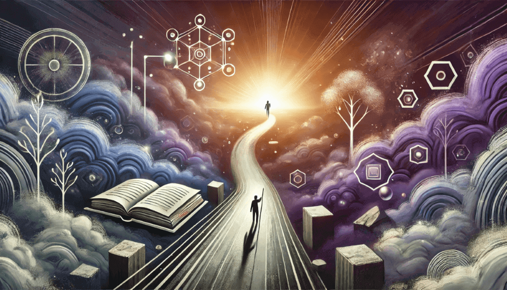 A symbolic pathway overcoming obstacles, featuring stepping stones and glowing knowledge symbols, representing self-learning, resourcefulness, and personal growth.