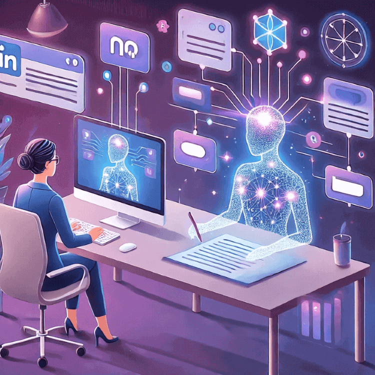 Stylized illustration of a professional inputting ideas into a computer, with a glowing AI assistant across the desk shaping the content into a structured format.