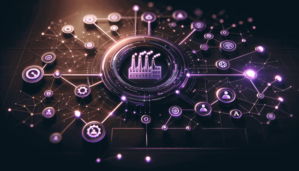 Illustration of a central AI-powered content factory connected to various digital elements, symbolizing an automated and scalable content system.