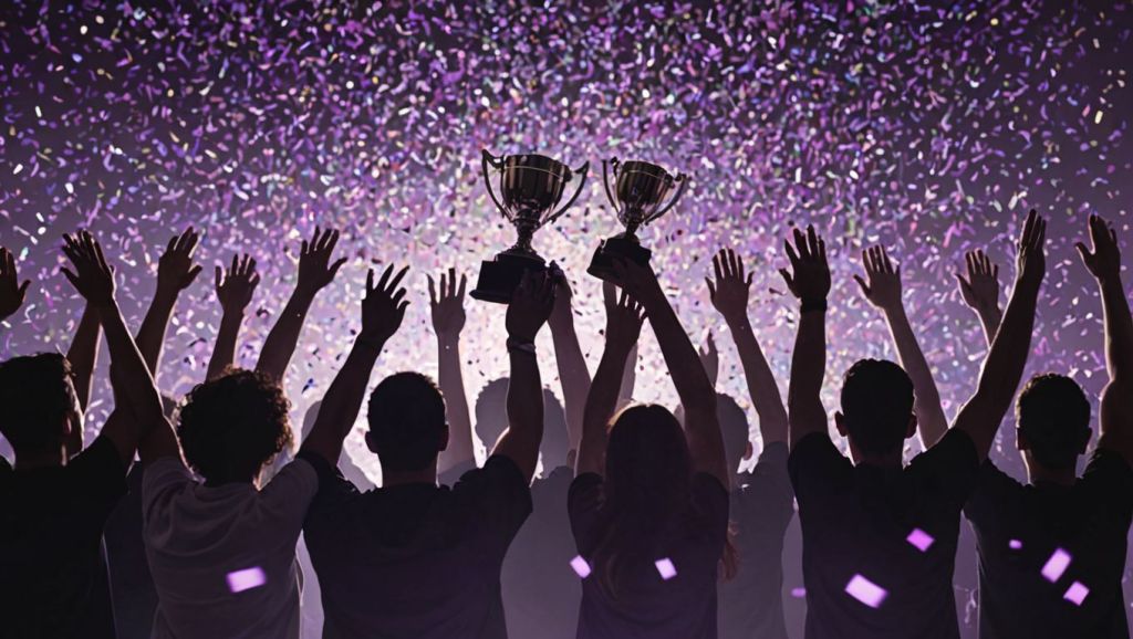 A team raising trophies under falling confetti, celebrating a milestone achieved through collaboration and leadership.