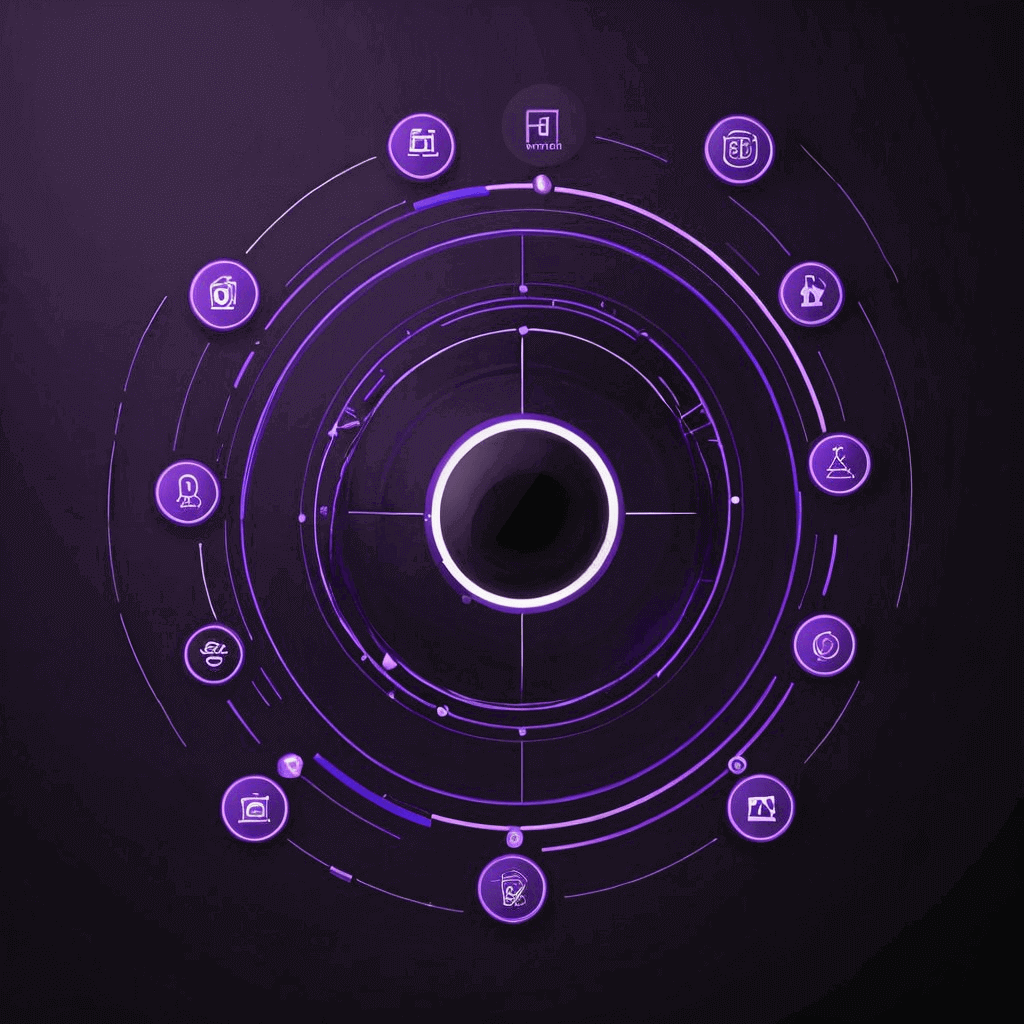 Circular digital interface with icons representing planning tools, automation, communication, and personalization surrounding a central hub, reflecting a streamlined event strategy.