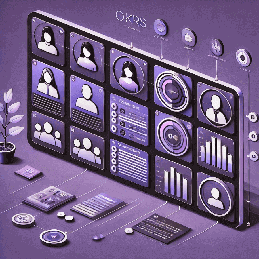 Digital illustration of a structured team dashboard in purple and black tones, representing OKRs, collaboration, and productivity during organizational change.