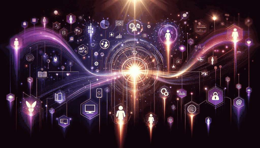 Abstract digital illustration showing personalized user pathways and engagement icons flowing through a central hub, symbolizing targeted event strategies and connected experiences.