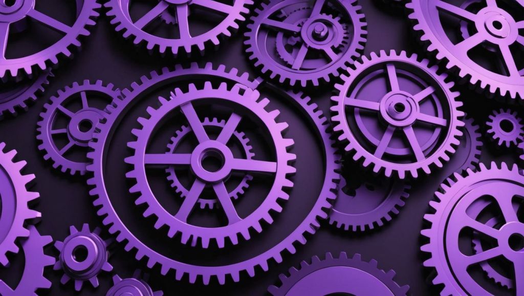 A close-up of interconnected purple gears, symbolizing misaligned but interdependent systems in a workflow