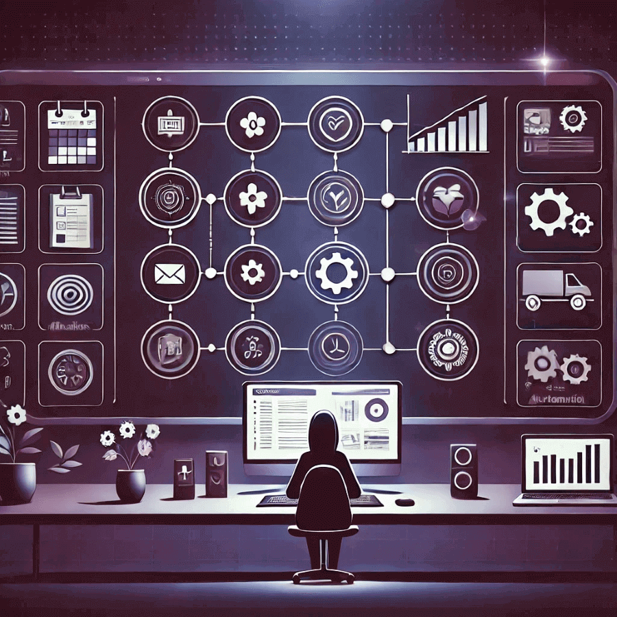 Digital illustration showing a structured task and collaboration system with purple accents, symbolizing scalable operations and empowered teams in a creative agency setting.