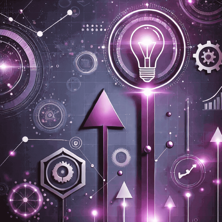 Digital illustration showing glowing arrows, gears, and a lightbulb representing growth and operational insights in a strategic roadmap.