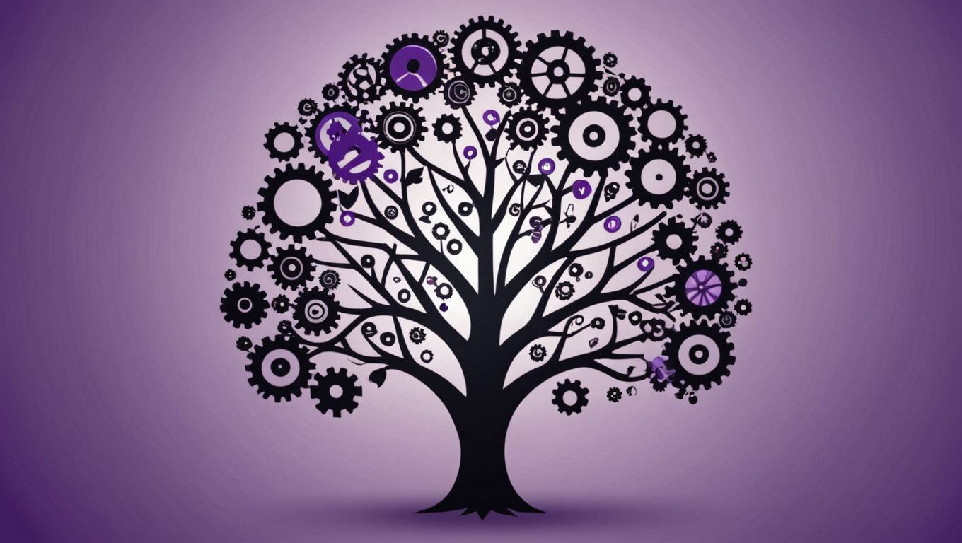 A tree made of gears and cogs against a purple background, representing systems thinking, scalable growth, and interconnected strategies.