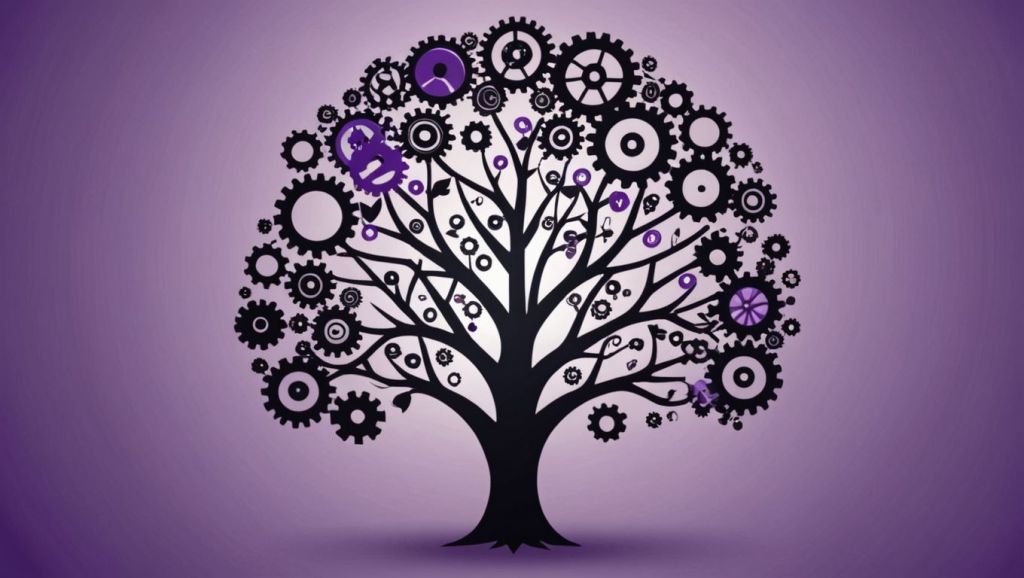 A tree made of gears and cogs against a purple background, representing systems thinking, scalable growth, and interconnected strategies.